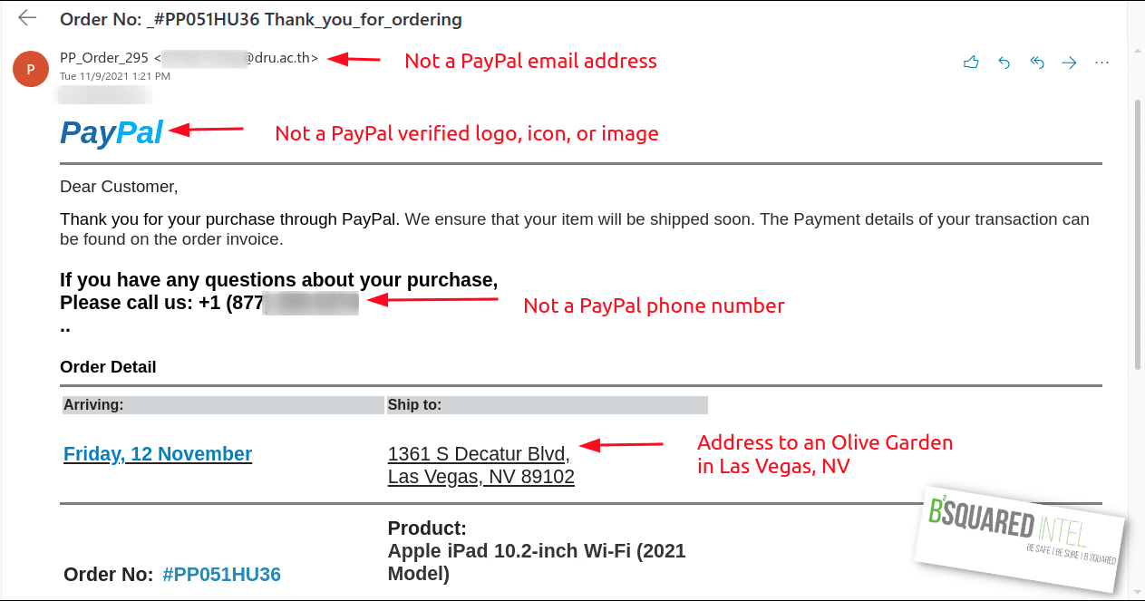 A phishing email posing as paypal. Text in red are notations from us pointing out wrong email address, logo, and phone number. We also note that the physical address for shipping is also fabricated.