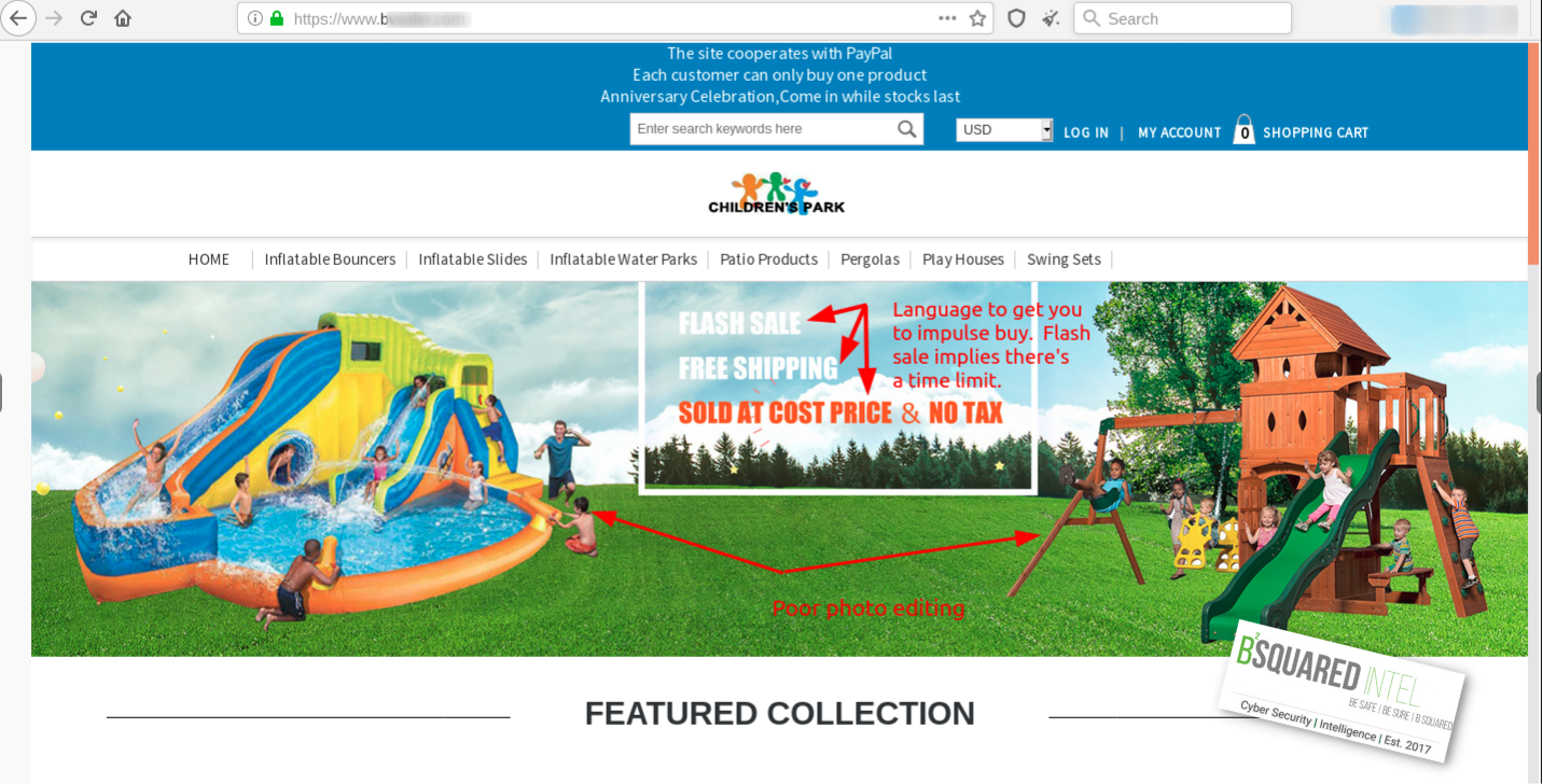 This screen shot is of a fake retail website. Where you see the red arrows we put into the picture show manipulative language to entice people impulse buy. The bounce house and playground set are also poorly photo shopped into the main picture.