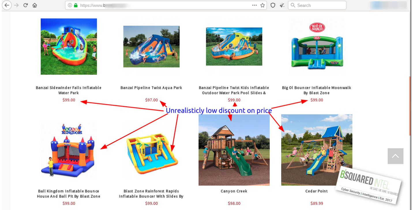 This is another screenshot of the fake retail website in the previous picture. The red arrows we added to the screenshot point to the prices of bounce houses and playground sets. These prices have an unrealistic discount to them, which is a manipulative tactic.