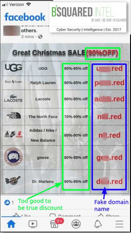 This is an image of a scam found on Facebook. These are alleged "Christmas Gifts." The red flags indicating this is a scam include unrealistic discounts that are too good to be true and fake domain names.