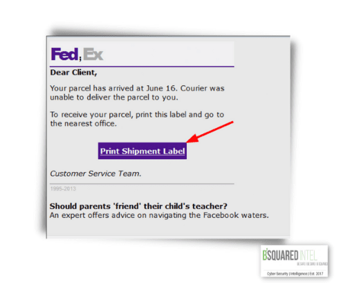 This image is a phishing email posing as FedEx that states that the recipient had a package that was unable to be delivered. The red arrow pointing to "Print Shipment Label" is to indicate that it's a link that when clicked on is malicious.