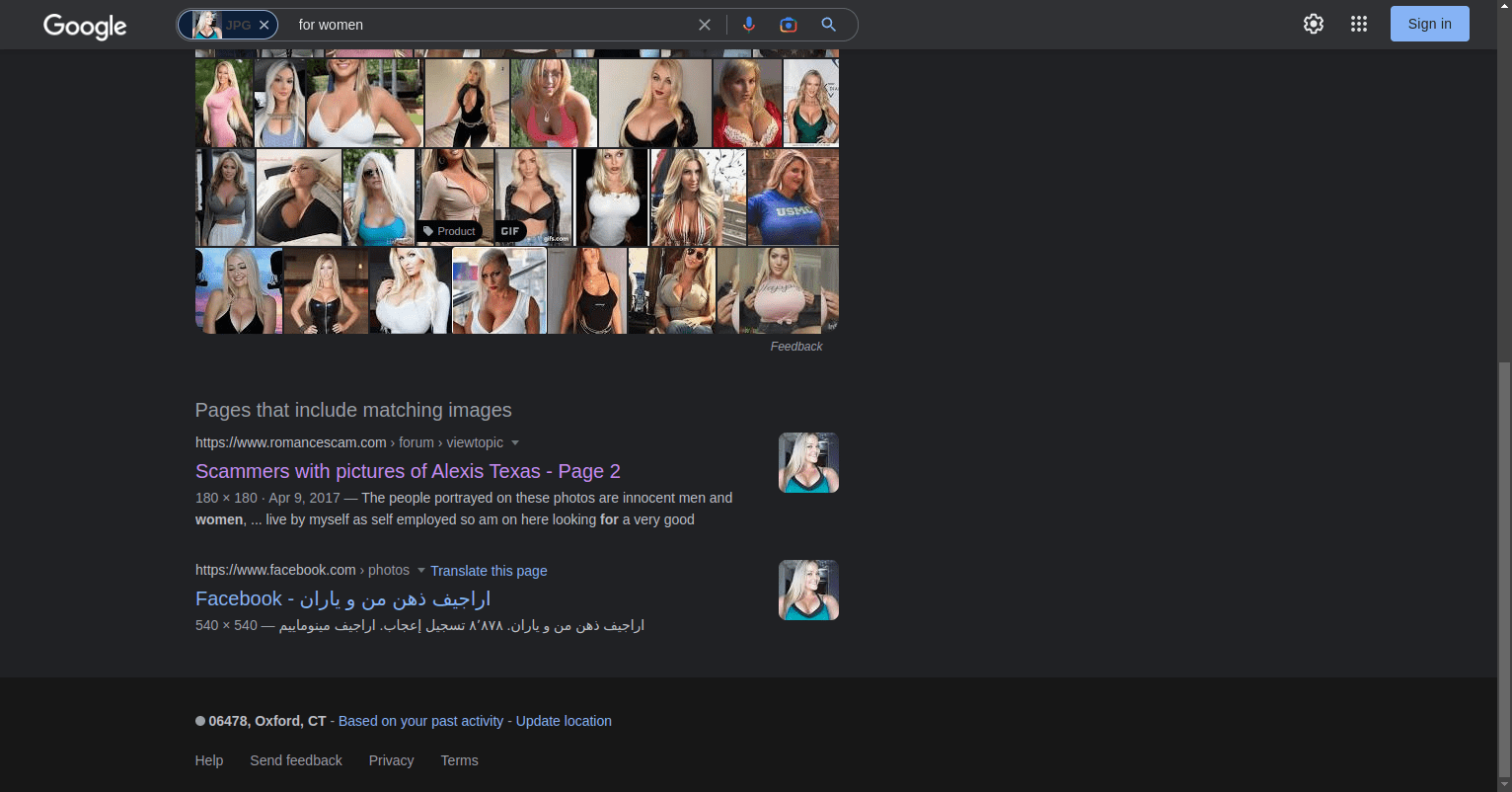 Google Image Search results for profile picture used in fake Facebook page