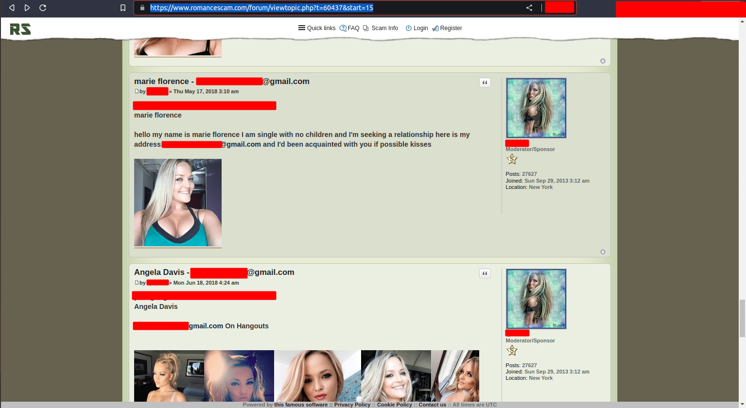 romancescam.com results showing exact stolen image used to create a fake Facebook account
