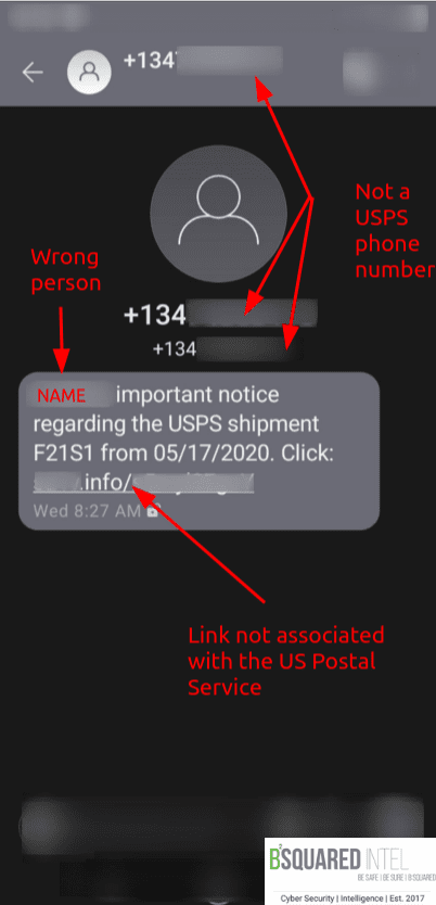 This image is of a text message that's a phishing attempt of someone posing as the United States Postal Service. The text in red is our notes showing what is wrong. This includes the phone number not being a USPS one, the text being addressed to the wrong person, and a suspicious link that's not associated with the US Postal Service.